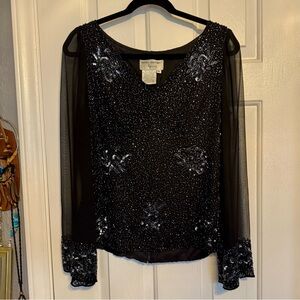Vintage Papell Boutique Beaded Blouse Sheer Sleeves 100% Silk Womens Medium